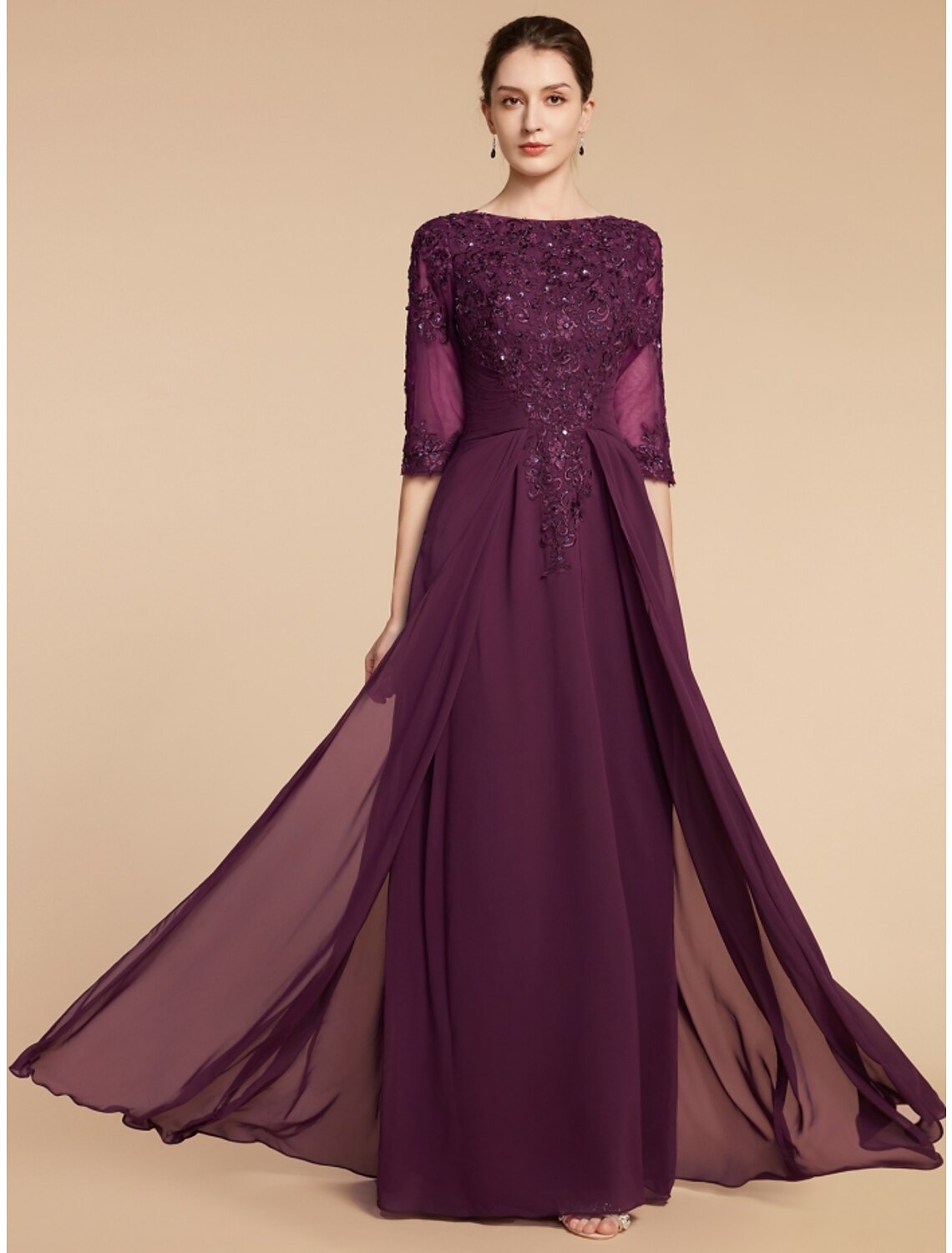 Wholesale Sheath / Column Mother of the Bride Dress Wedding Guest Elegant Scoop Neck Floor Length Chiffon Lace Half Sleeve with Pleats Sequin
